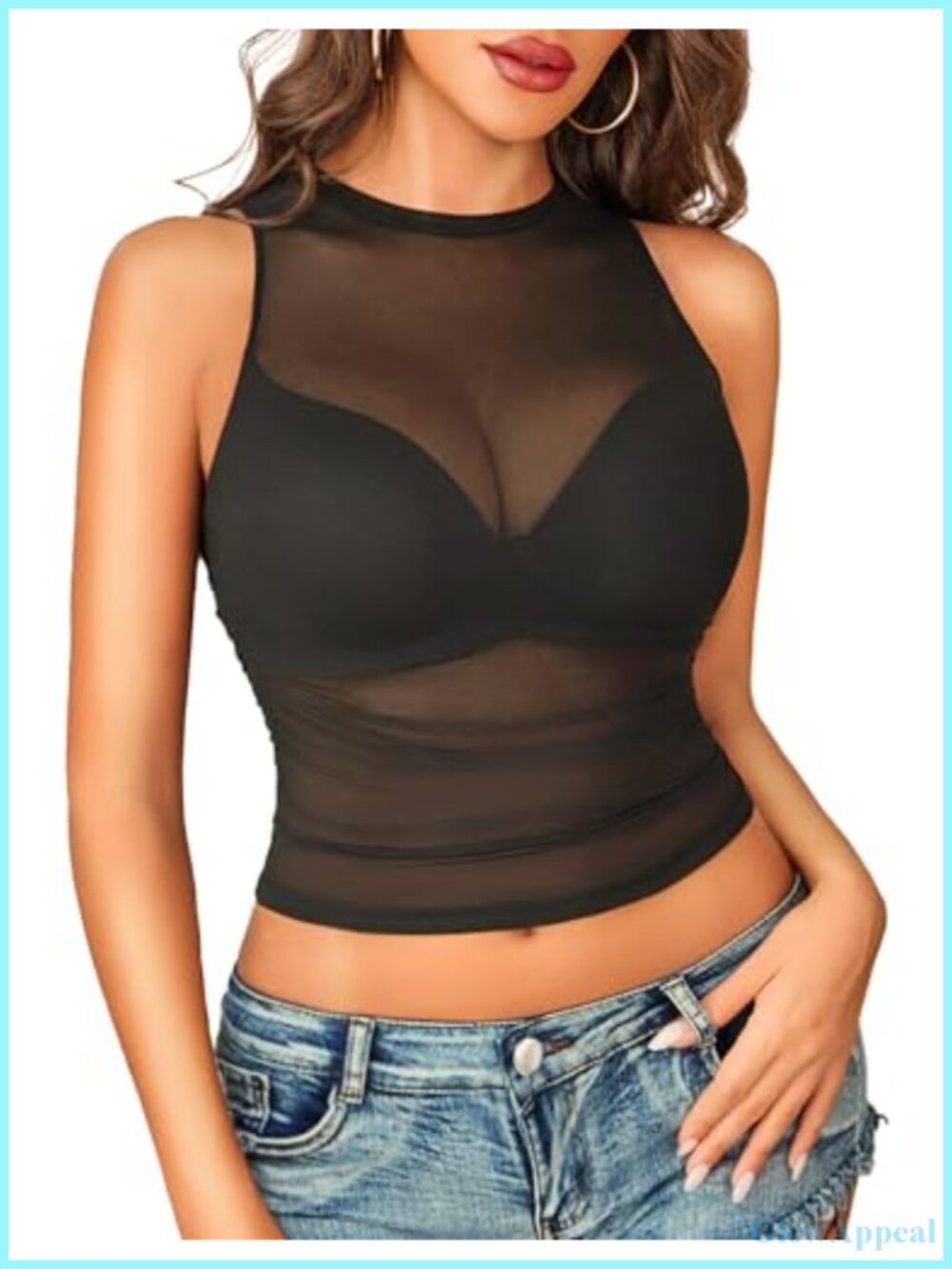 Mesh Tank Top High Neck Ruched Cropped Sleeveless Stretch Summer Top